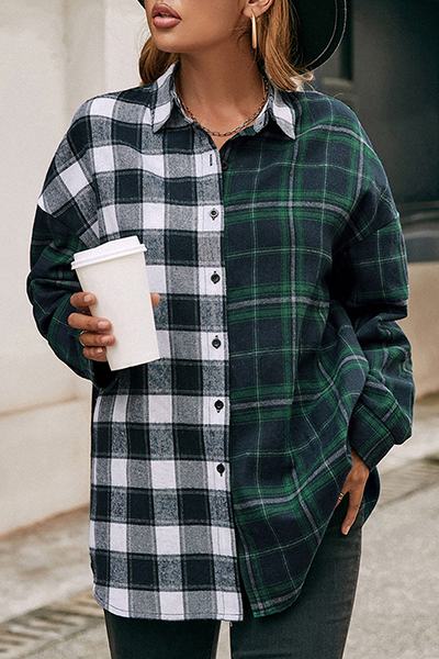 Casual Plaid Split Joint Buckle Turndown Collar Tops