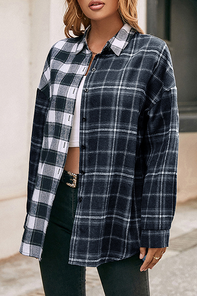 Casual Plaid Split Joint Buckle Turndown Collar Tops