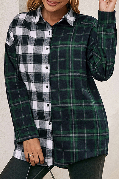 Casual Plaid Split Joint Buckle Turndown Collar Tops