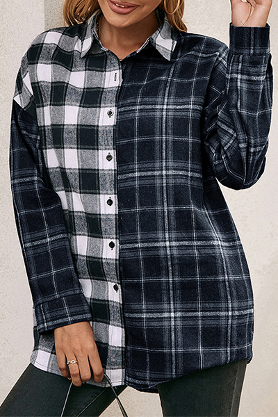 Casual Plaid Split Joint Buckle Turndown Collar Tops