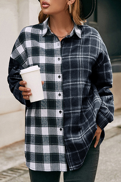 Casual Plaid Split Joint Buckle Turndown Collar Tops