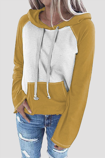 Casual Patchwork Draw String Pocket Hooded Collar Tops