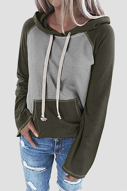 Casual Patchwork Draw String Pocket Hooded Collar Tops