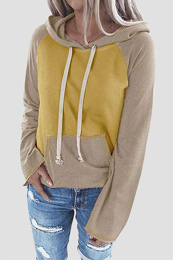 Casual Patchwork Draw String Pocket Hooded Collar Tops