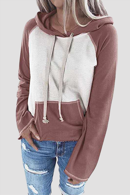 Casual Patchwork Draw String Pocket Hooded Collar Tops