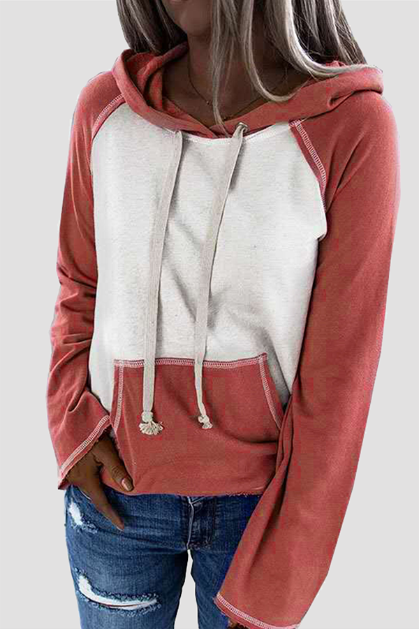 Casual Patchwork Draw String Pocket Hooded Collar Tops