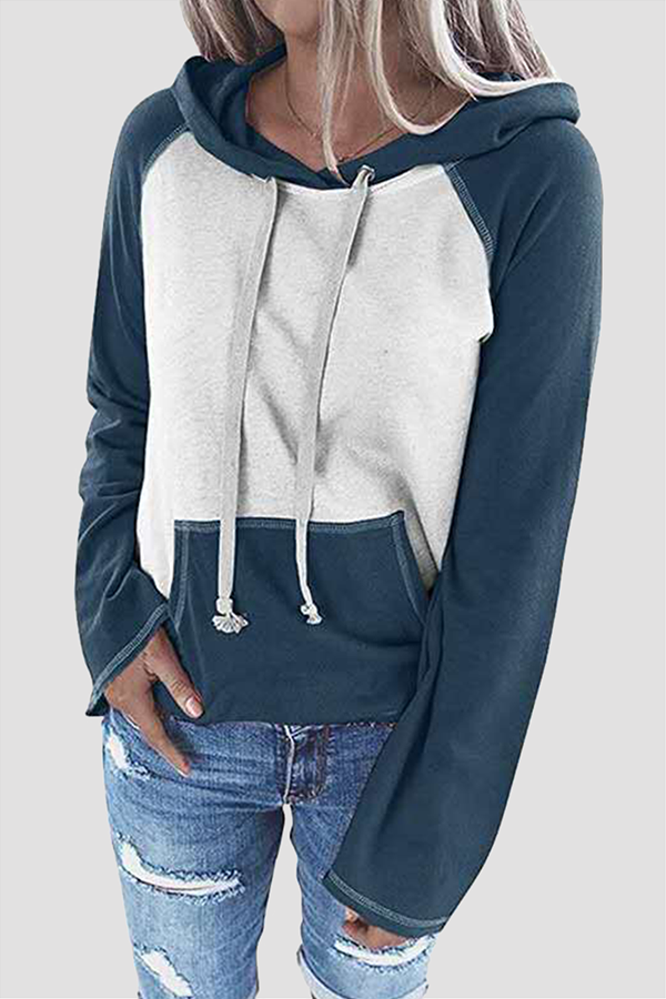 Casual Patchwork Draw String Pocket Hooded Collar Tops