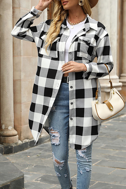 Casual Elegant Plaid Pocket Buckle Turndown Collar Outerwear(4 Colors)