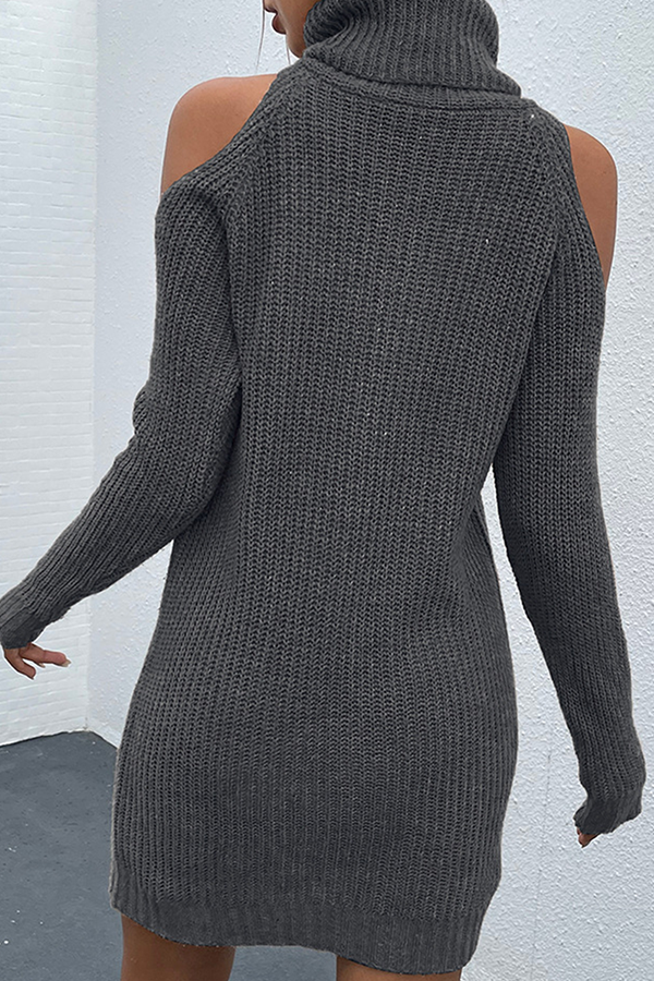 Casual Elegant Solid Hollowed Out Patchwork Turtleneck Dresses Sweater (Without Belt)