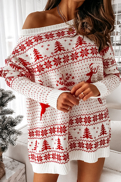 Casual Wapiti Snowflakes Christmas Tree Printed Patchwork Contrast O Neck Dresses Sweater