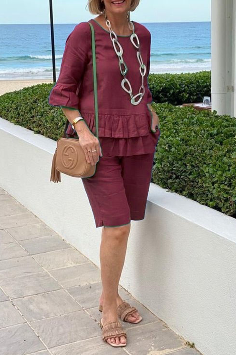 Casual Solid Flounce O Neck Half Sleeve Two Pieces