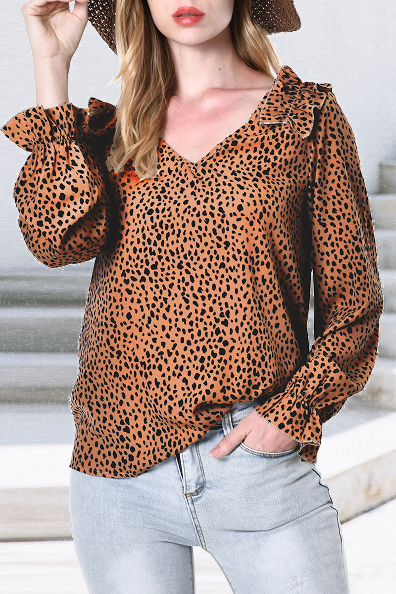 Casual Leopard Flounce V Neck Tops(3 colors)