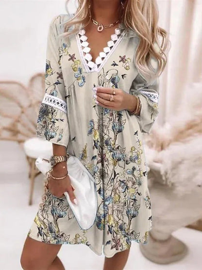 Casual Print Split Joint V Neck Straight Dresses(6 Colors)