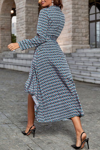 vzYzv Fashion Elegant Print Frenulum V Neck One Step Skirt Dresses