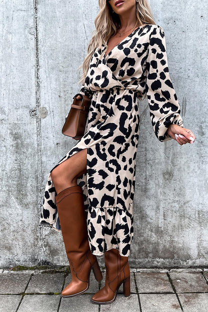 Elegant Leopard Printing V Neck Irregular Dress Dresses