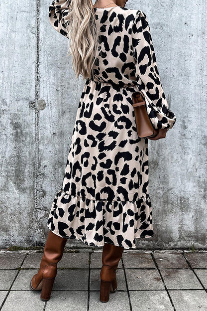 Elegant Leopard Printing V Neck Irregular Dress Dresses