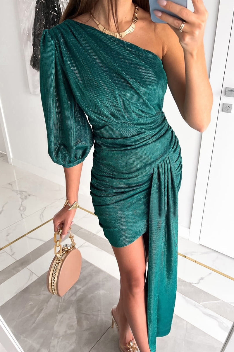 vzYzv Sexy Elegant Solid Fold Oblique Collar A Line Dresses