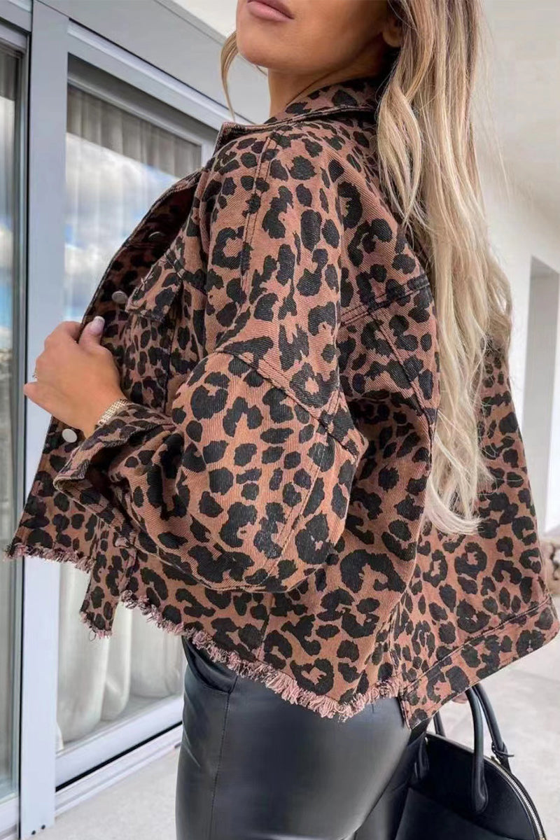 Animal Print Printing Turndown Collar Outerwear