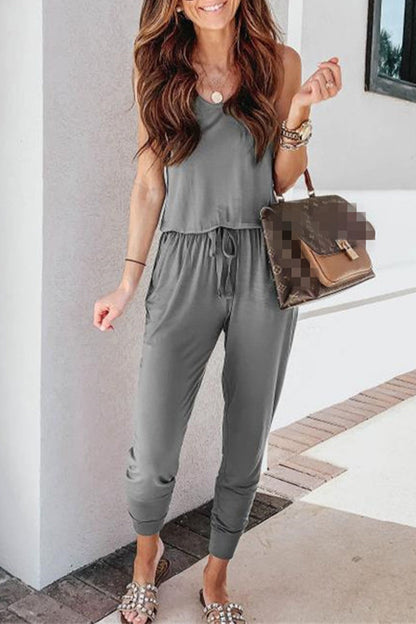 Casual Solid Patchwork Frenulum U Neck Jumpsuits(4 Colors)