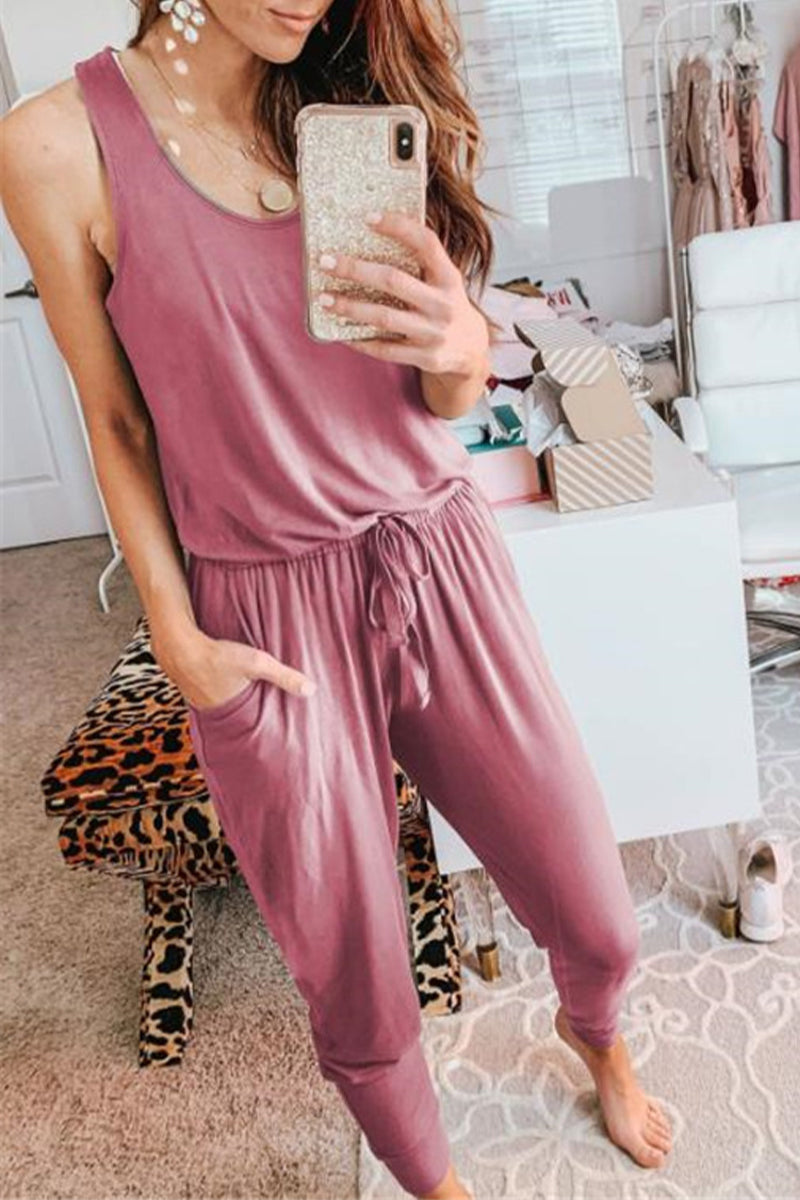 Casual Solid Patchwork Frenulum U Neck Jumpsuits(4 Colors)