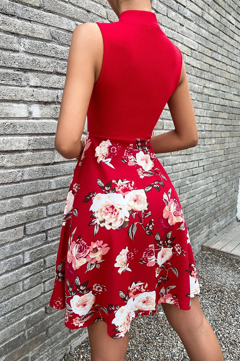 vzYzv Sweet Elegant Print Patchwork With Bow O Neck A Line Dresses(5 Colors)