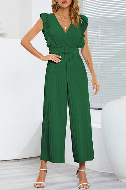 Casual Simplicity Solid With Belt V Neck Regular Jumpsuits