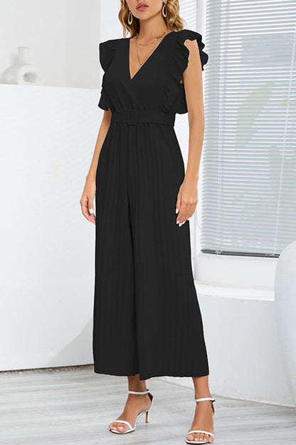 Casual Simplicity Solid With Belt V Neck Regular Jumpsuits