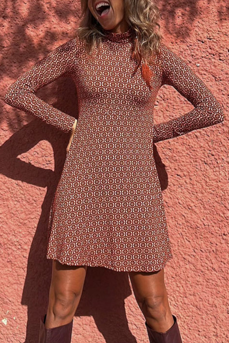 Elegant College Print Patchwork Turtleneck A Line Dresses