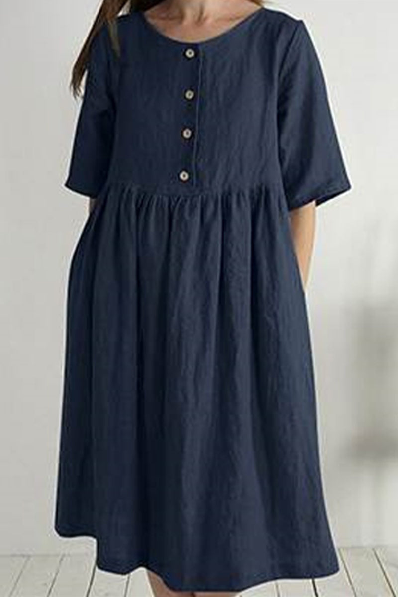 Casual Solid Buttons O Neck Short Sleeve Dress(4 Colors)