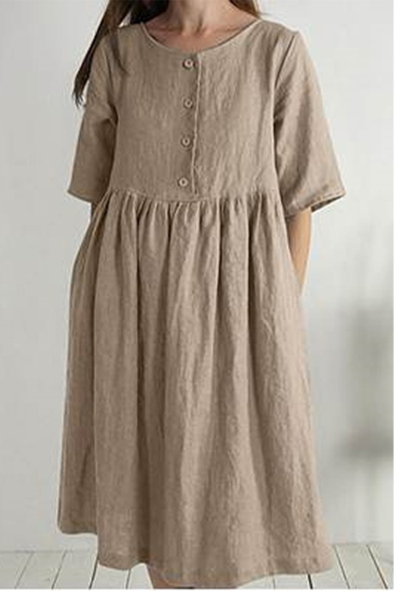 Casual Solid Buttons O Neck Short Sleeve Dress(4 Colors)