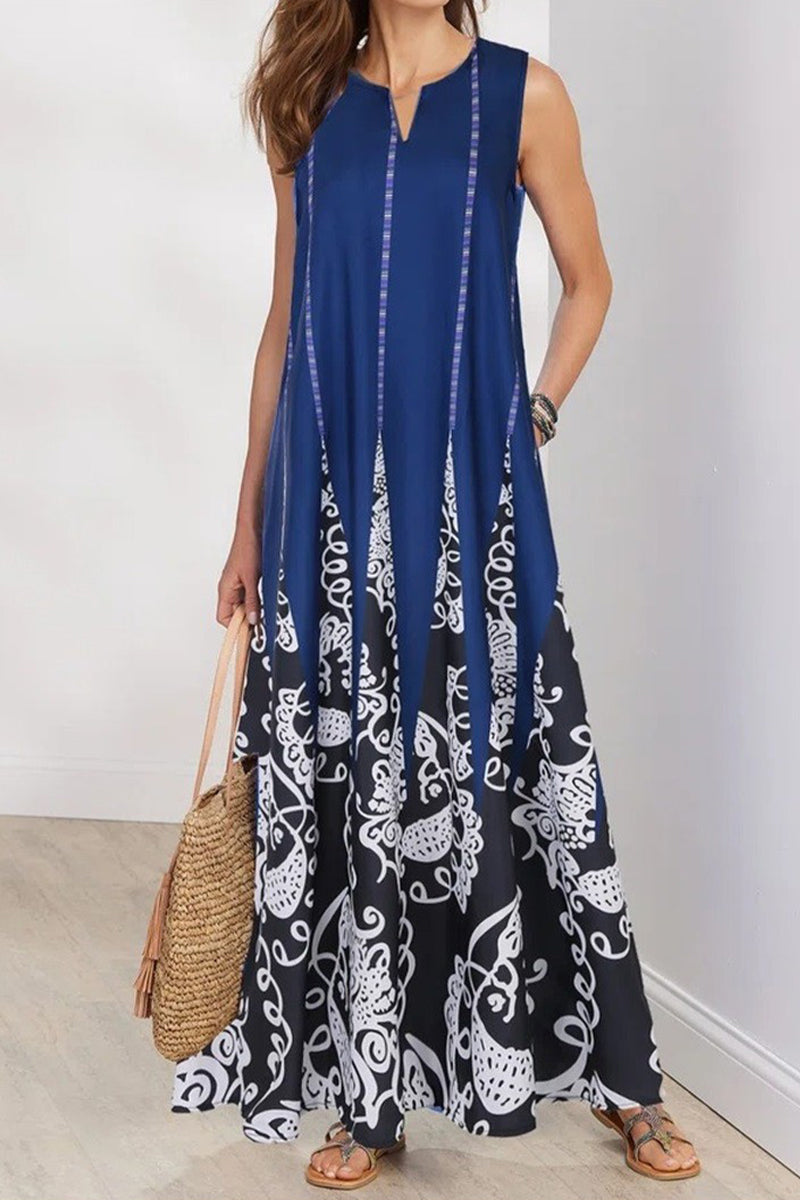 Casual Bohemian Print Pocket O Neck A Line Dresses(3 Colors)