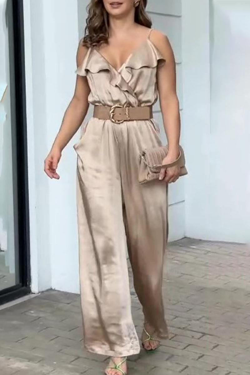 Casual Celebrities Solid Flounce V Neck Loose Jumpsuits(3 Colors)