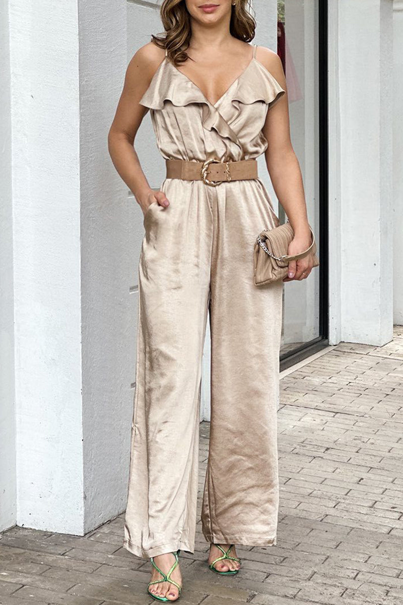 Casual Celebrities Solid Flounce V Neck Loose Jumpsuits(3 Colors)