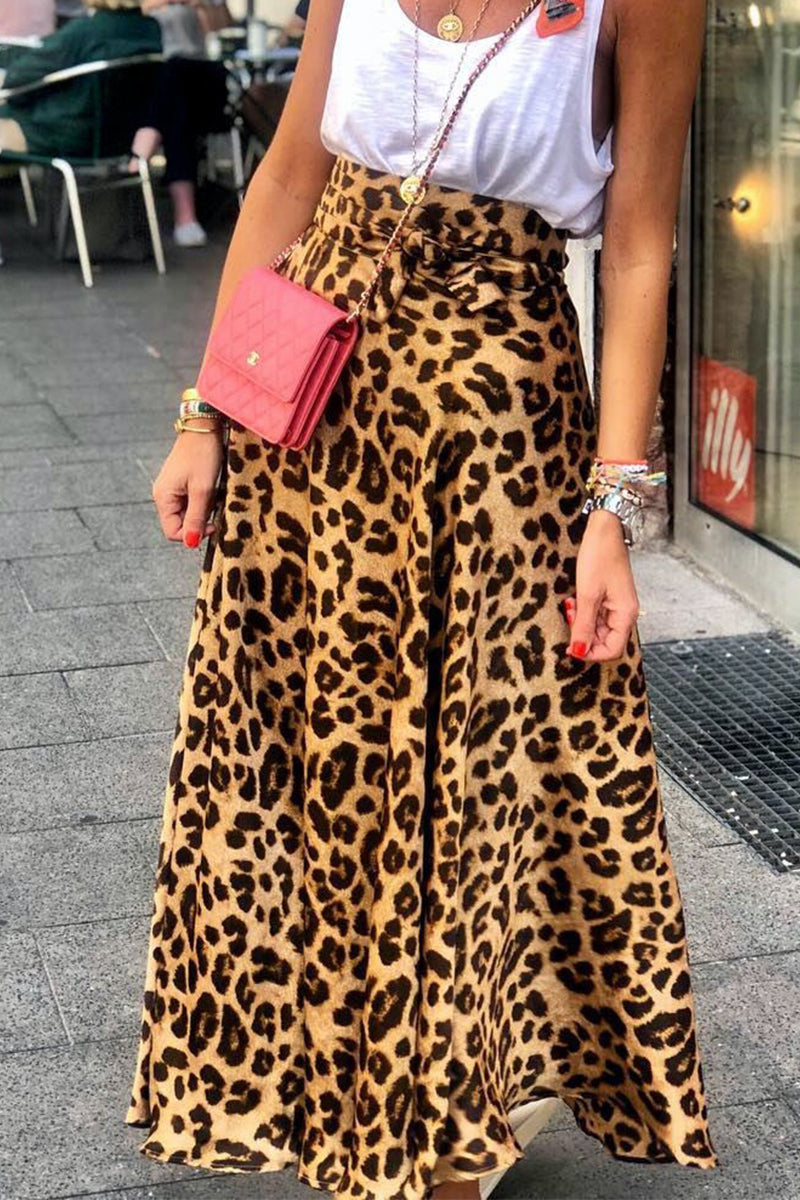 vzYzv Satin Leopard Tie Front Elastic Waist Midi Skirt