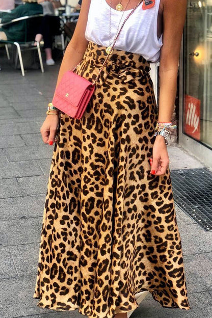 vzYzv Satin Leopard Tie Front Elastic Waist Midi Skirt
