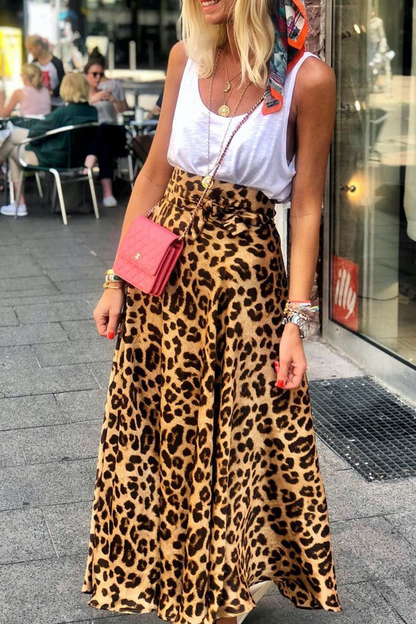 vzYzv Satin Leopard Tie Front Elastic Waist Midi Skirt