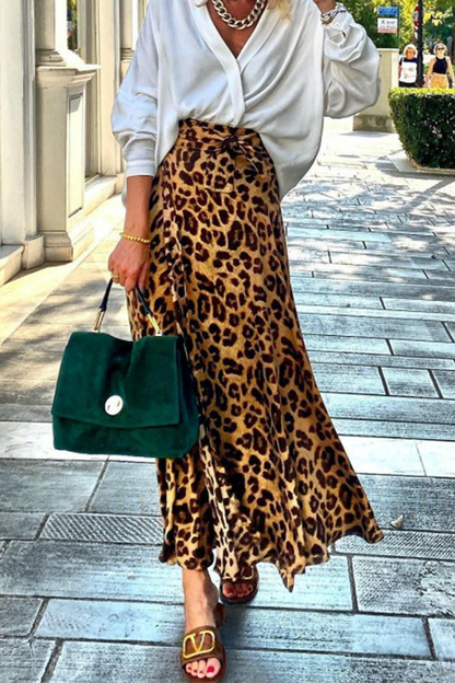 vzYzv Satin Leopard Tie Front Elastic Waist Midi Skirt