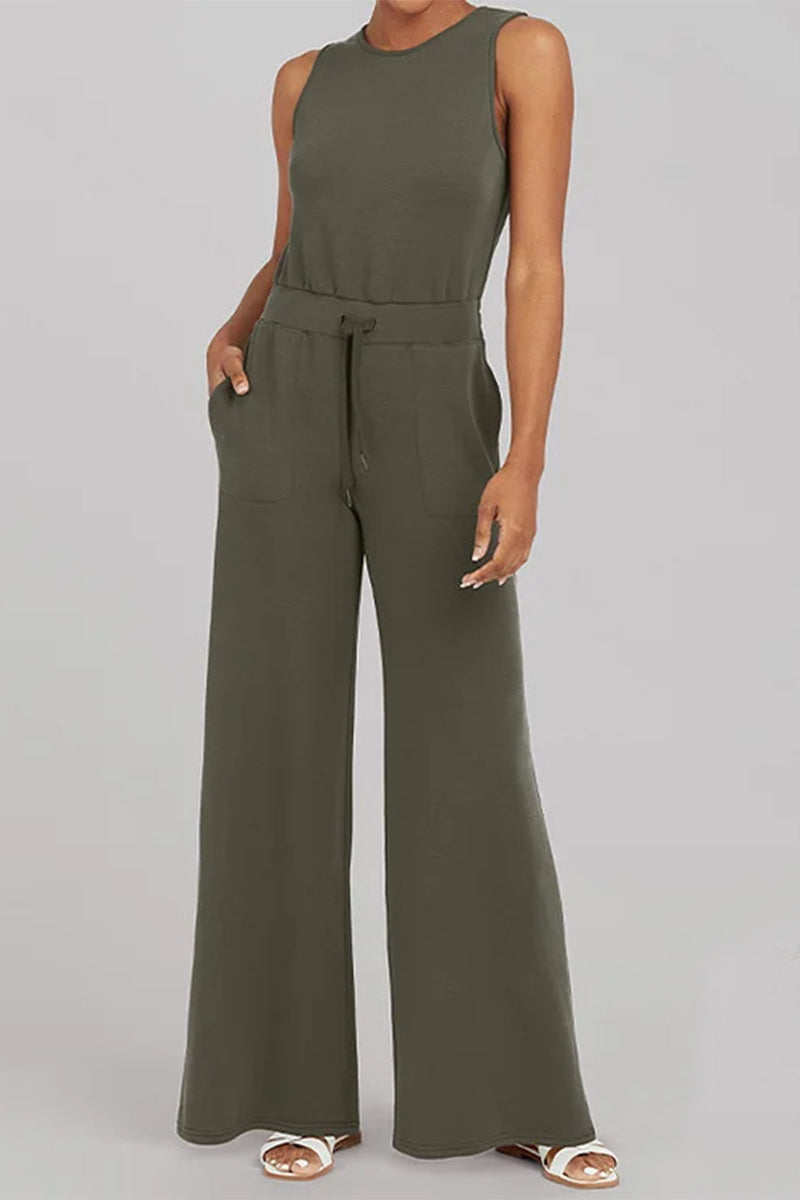 Casual Simplicity Solid Pocket O Neck Loose Jumpsuits