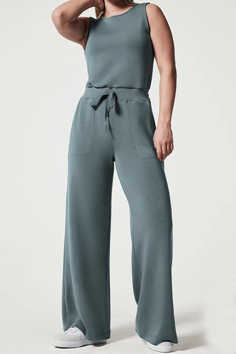 Casual Simplicity Solid Pocket O Neck Loose Jumpsuits