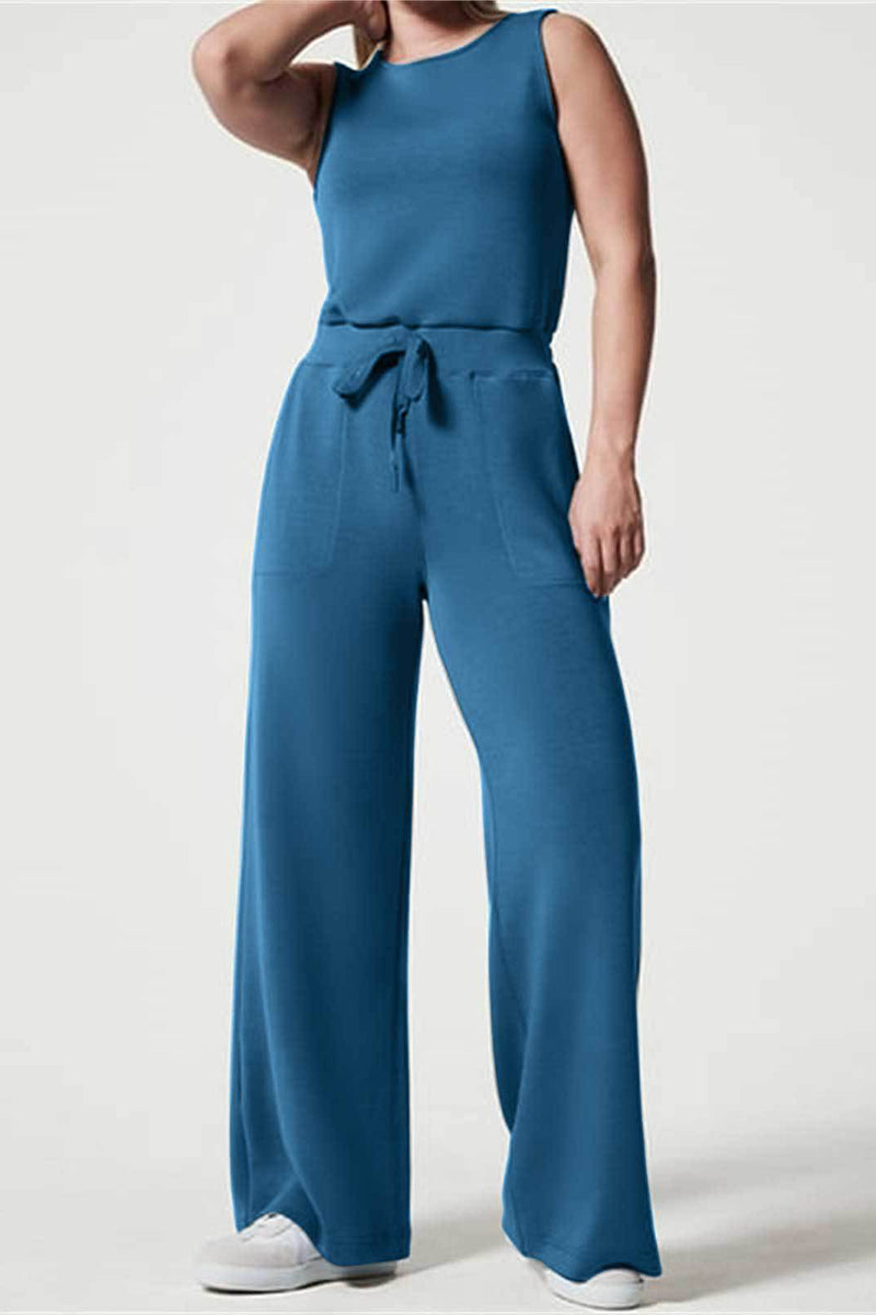 Casual Simplicity Solid Pocket O Neck Loose Jumpsuits