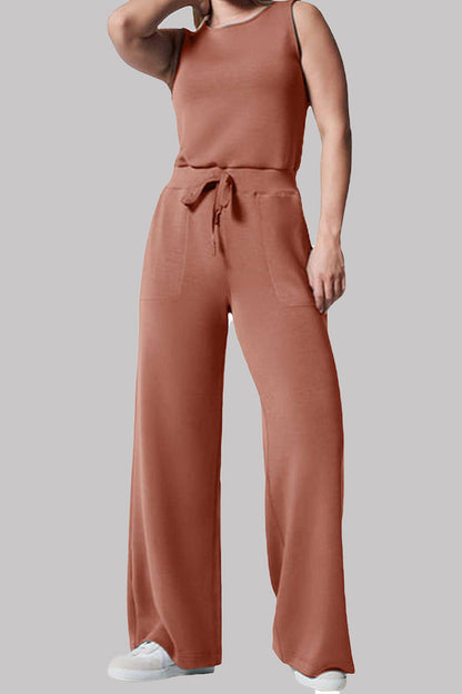 Casual Simplicity Solid Pocket O Neck Loose Jumpsuits