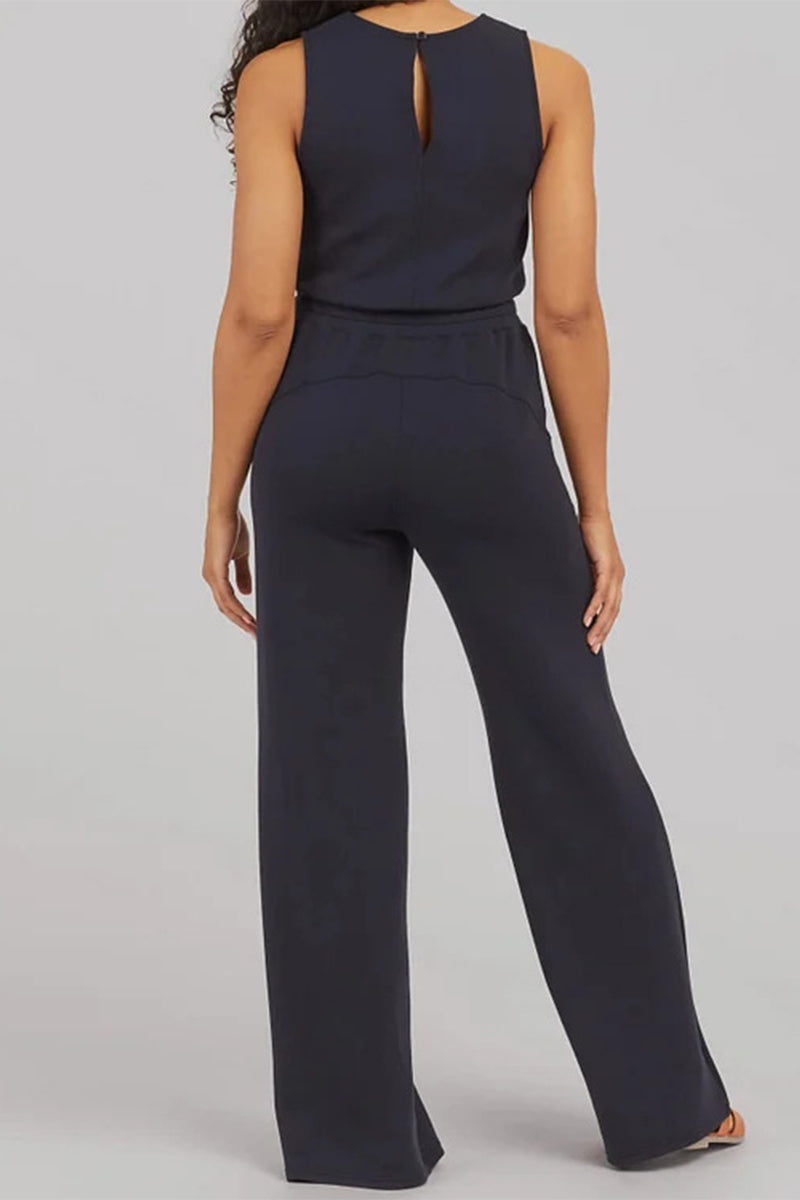 Casual Simplicity Solid Pocket O Neck Loose Jumpsuits