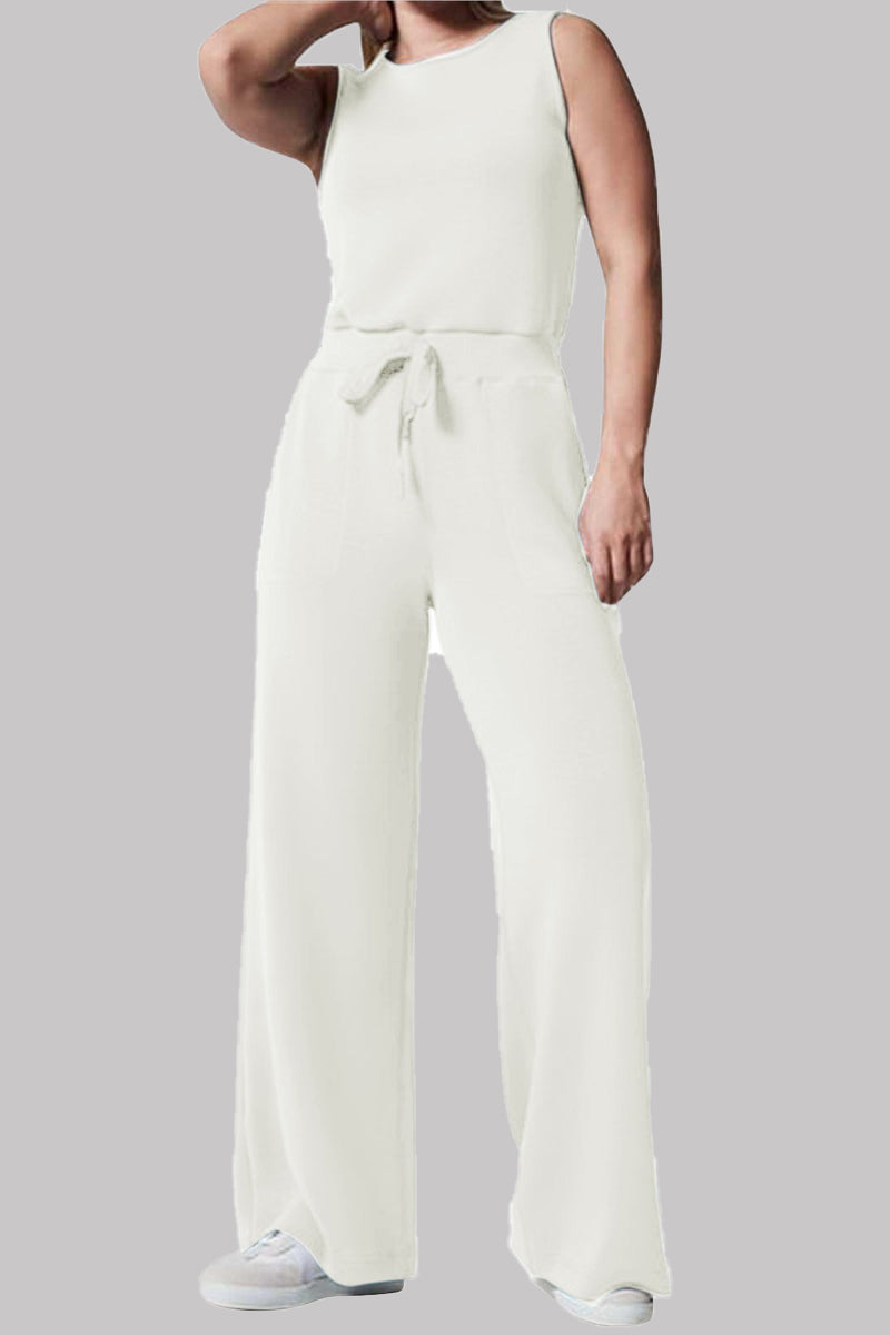 Casual Simplicity Solid Pocket O Neck Loose Jumpsuits