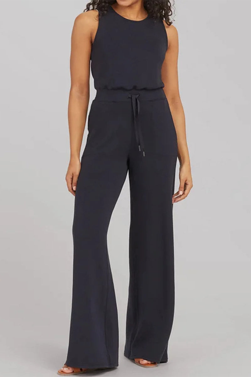 Casual Simplicity Solid Pocket O Neck Loose Jumpsuits