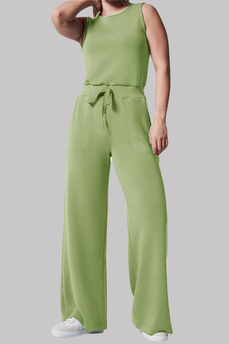 Casual Simplicity Solid Pocket O Neck Loose Jumpsuits