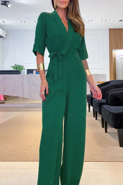 Casual Solid Patchwork Frenulum V Neck Regular Jumpsuits