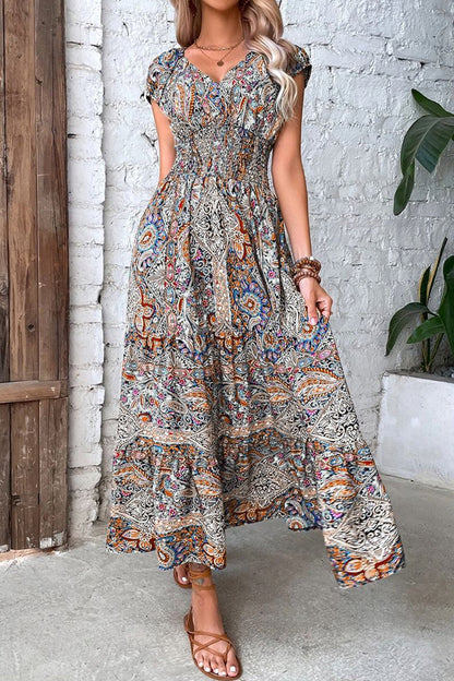 Bohemian College Print Fold V Neck A Line Dresses(4 Colors)