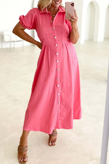 Casual Solid Buckle Turndown Collar A Line Dresses