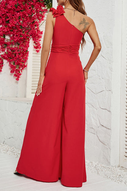 Casual Solid Pocket Flounce Oblique Collar Straight Jumpsuits