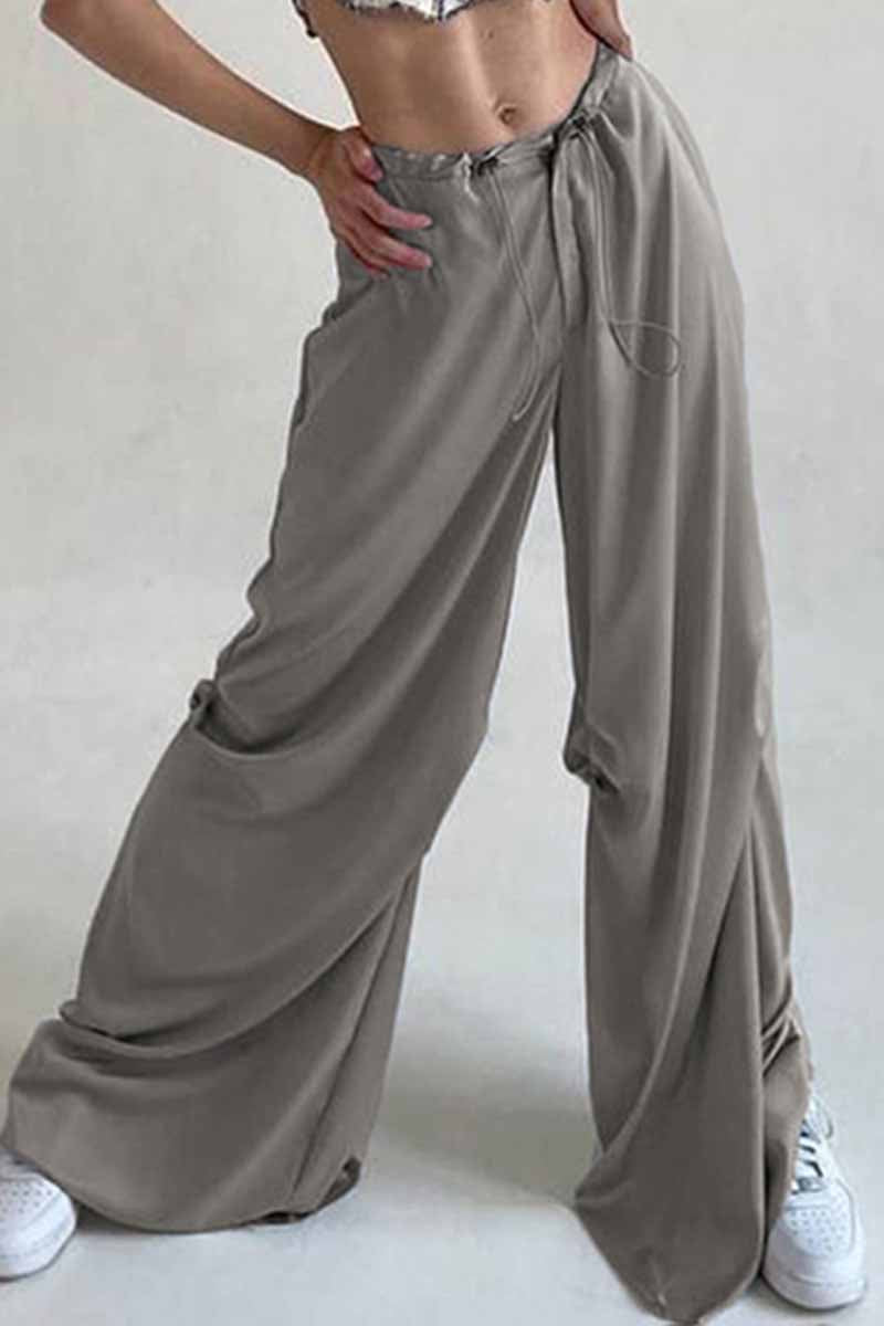 Casual Solid Fold Loose Wide Leg Bottoms